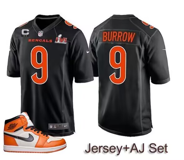 Men's Black Bengals #9 Joe Burrow 2022 With C Patch Super Bowl LVI Stitched Game Jersey + AJ 1 Shoes
